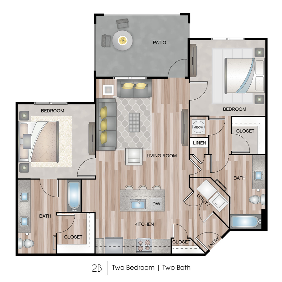 Rendering of the 2B floor plan with 2 bedroom[s] and 2 bathroom[s] at Ascend on Glendale