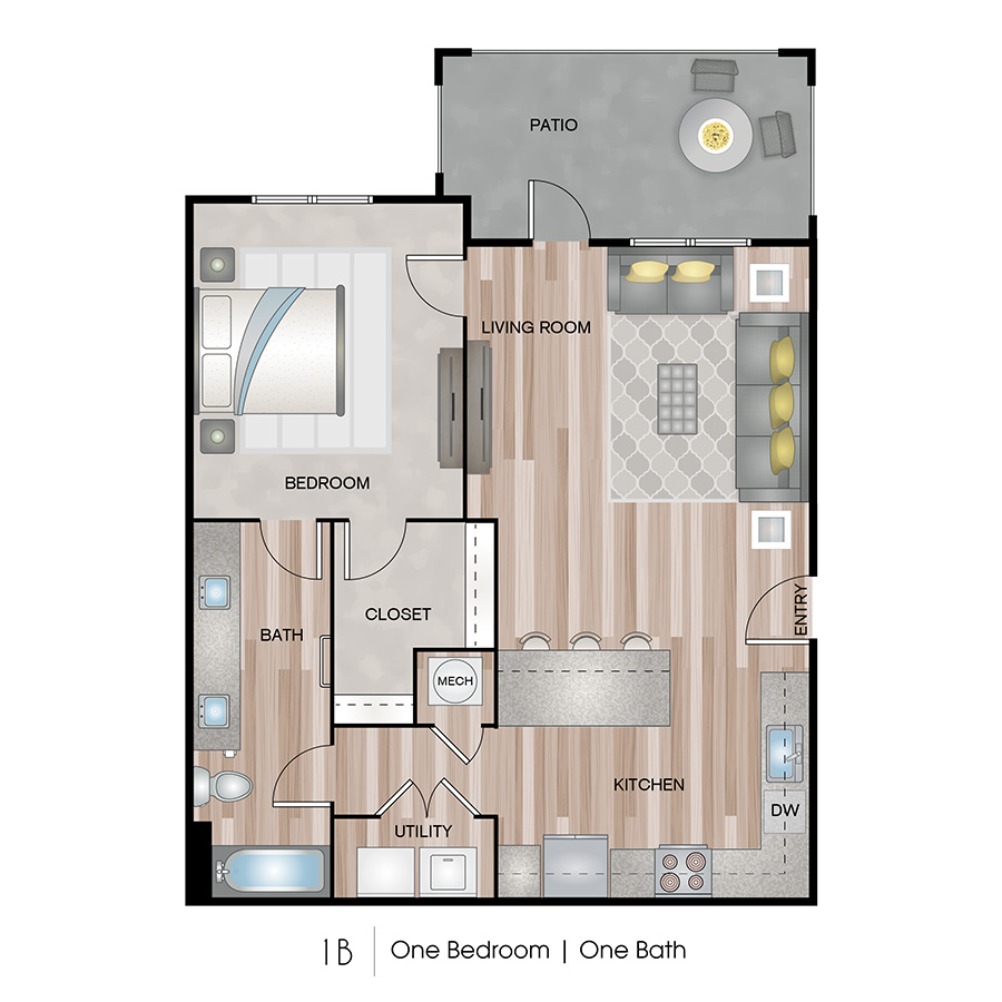 Rendering of the 1B floor plan with 1 bedroom[s] and 1 bathroom[s] at Ascend on Glendale