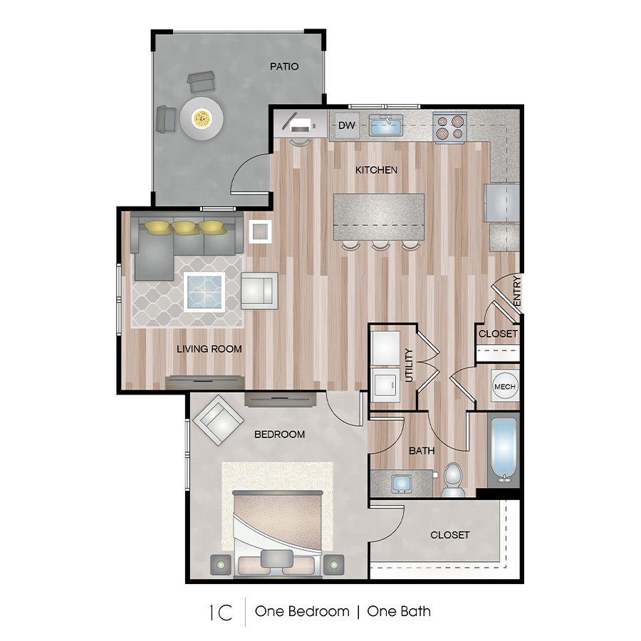 Rendering of the 1C floor plan with 1 bedroom[s] and 1 bathroom[s] at Ascend on Glendale