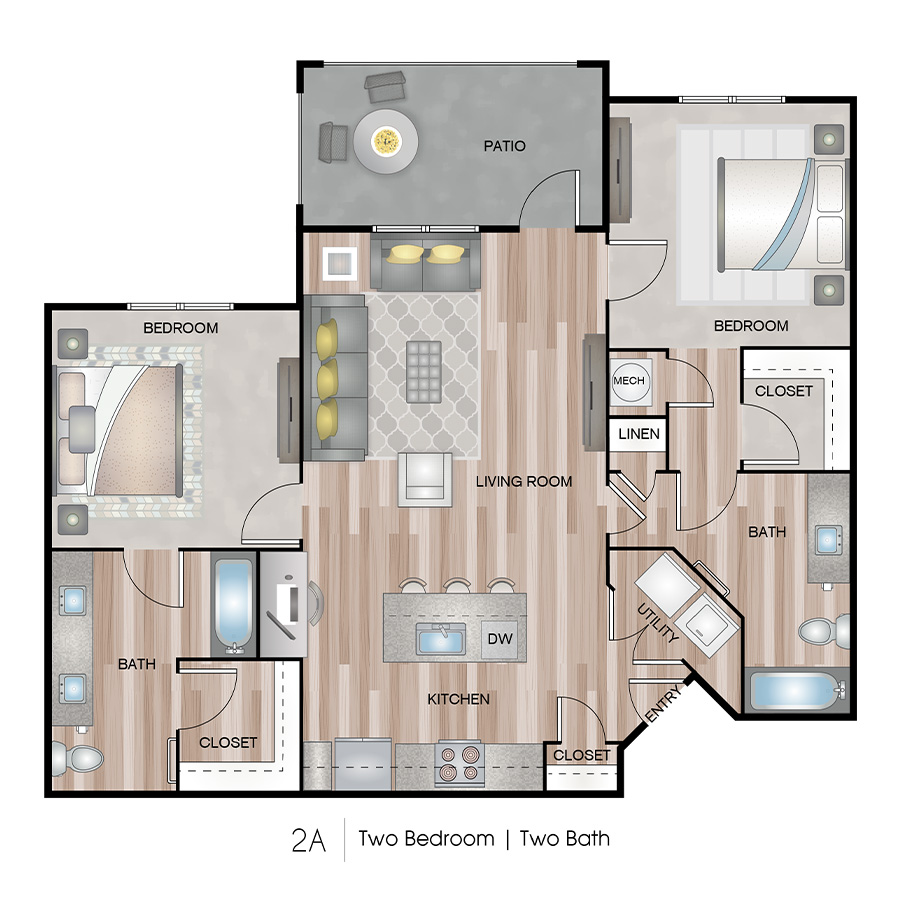 Rendering of the 2A floor plan with 2 bedroom[s] and 2 bathroom[s] at Ascend on Glendale