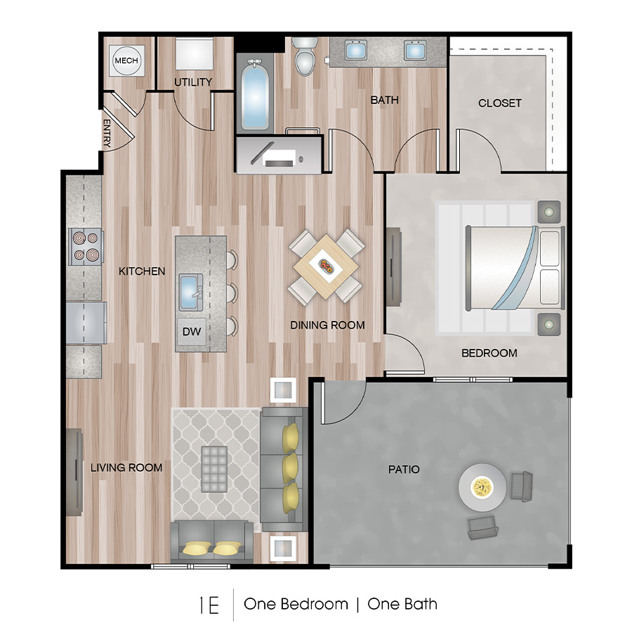 Rendering of the 1E floor plan with 1 bedroom[s] and 1 bathroom[s] at Ascend on Glendale